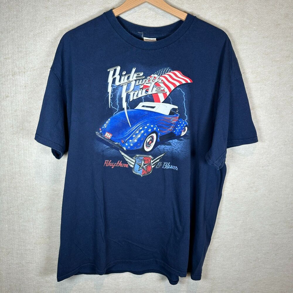 Ride With Pride USA Vtg Car Shirt Mens XL Rhythm & Blues Gildan Patriotic